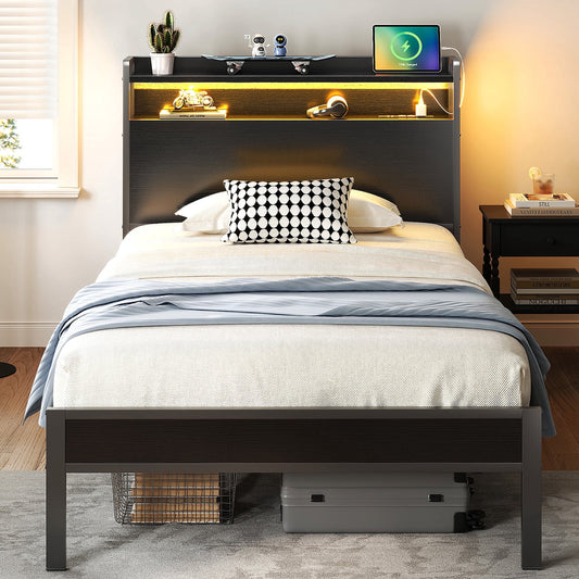 Casacomoda Twin Bed Frames, Storage Headboard with Charging Station, RGB Light Strips, Solid and Stable, Noise Free, No Box Spring Needed, Easy Assembly, Classic Black