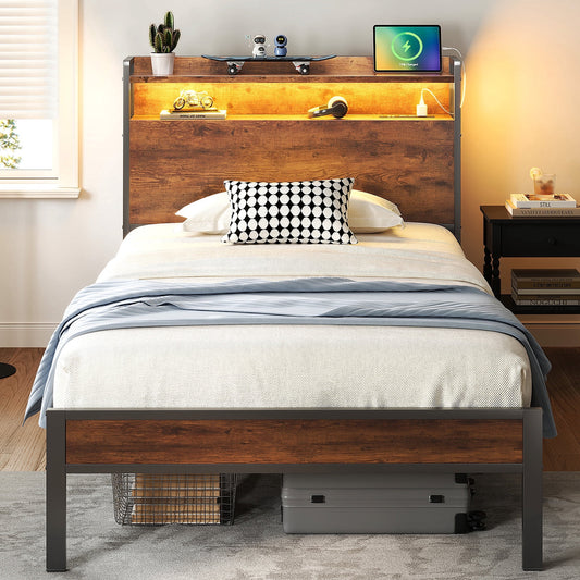 Casacomoda Twin Bed Frames, Storage Headboard with Charging Station, RGB Light Strips, Solid and Stable, Noise Free, No Box Spring Needed, Easy Assembly, Vintage