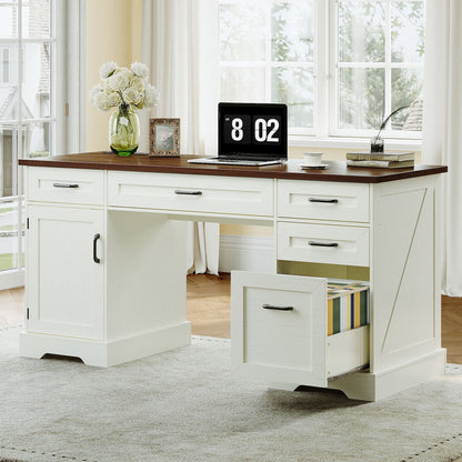 Casacomoda Home Office Desk with File Cabinet and Drawers, 59" Executive Desk with USB Power Outlet, Storage Cabinet for CPU, Workstation Table for Study, Walnut & Warm White