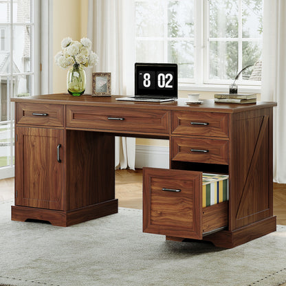 Casacomoda Home Office Desk with File Cabinet and Drawers, 59" Executive Desk with USB Power Outlet, Storage Cabinet for CPU, Workstation Table for Study, Rich Cherry