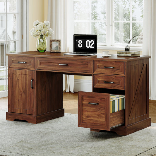 Casacomoda Home Office Desk with File Cabinet and Drawers, 59" Executive Desk with USB Power Outlet, Storage Cabinet for CPU, Workstation Table for Study, Rich Cherry
