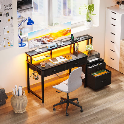 Computer Desk with 4 Drawers, 48 Inch Reversible Desk with Led Lights & Power Outlet, Home Office Desk with File Drawer & Monitor Stand, Black