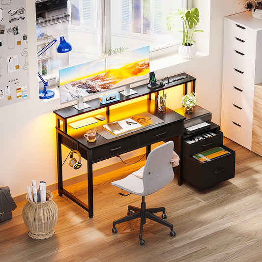 Computer Desk with 4 Drawers, 48 Inch Reversible Desk with Led Lights & Power Outlet, Home Office Desk with File Drawer & Monitor Stand, Black