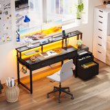 Computer Desk with 4 Drawers, 55 Inch Reversible Desk with Led Lights & Power Outlet, Home Office Desk with File Drawer & Monitor Stand, Black
