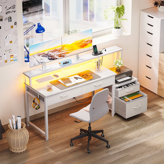 Computer Desk with 4 Drawers, 55 Inch Reversible Desk with Led Lights & Power Outlet, Home Office Desk with File Drawer & Monitor Stand, White