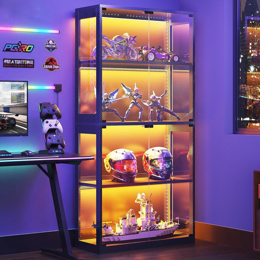 RGB LED Display Cabinet with Glass Door, 4 Shelf Collectibles Display Case with Acrylic Side Panels, Gaming Curio Cabinet with Storage, Black Showcase Cabinet for Game Room Bedroom, Black