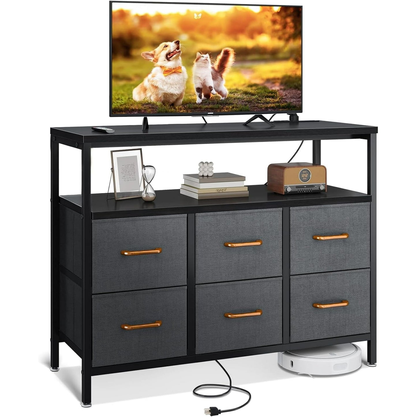 Dresser with Charging Station, Dresser for Bedroom with 6 Large Fabric Drawers, Dresser TV Stand with Open Shelves for 50 Inch TV, Black