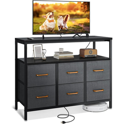 Dresser with Charging Station, Dresser for Bedroom with 6 Large Fabric Drawers, Dresser TV Stand with Open Shelves for 50 Inch TV, Black