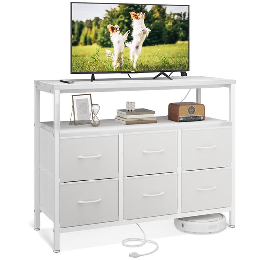Dresser with Charging Station, Dresser for Bedroom with 6 Large Fabric Drawers, Dresser TV Stand with Open Shelves for 50 Inch TV, White