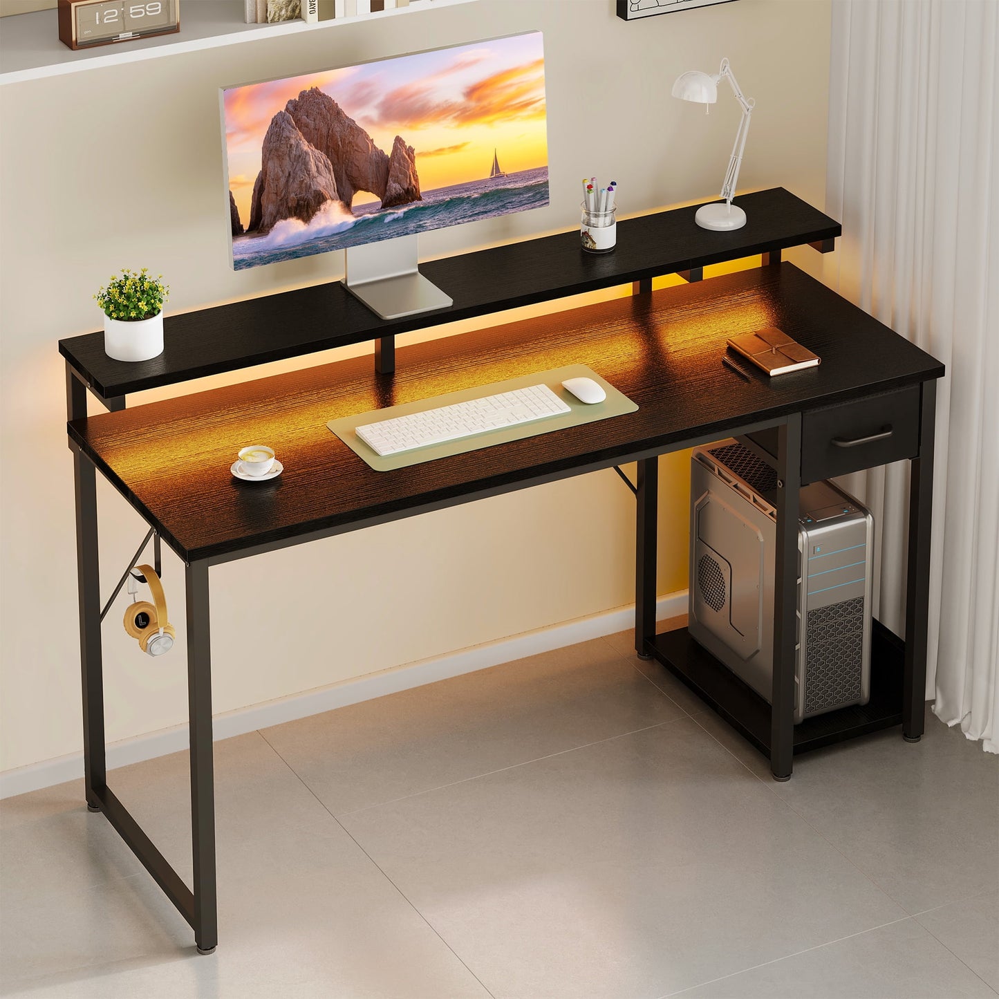 Gaming Desk with LED Lights, 55 Inch Reversible L Shaped Computer Desk with Fabric Drawer, Monitor Stand and Headphone Hook, Small Home Office and Gaming Desk, Black