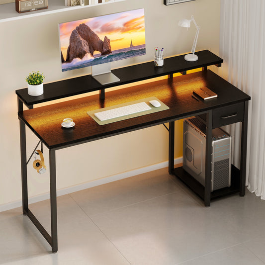 Gaming Desk with LED Lights, 55 Inch Reversible L Shaped Computer Desk with Fabric Drawer, Monitor Stand and Headphone Hook, Small Home Office and Gaming Desk, Black