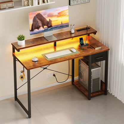Gaming Desk with LED Lights and Power Outlet, 48 Inch Reversible L Shaped Computer Desk with Fabric Drawer, Monitor Stand and Headphone Hook, Home Office and Gaming Desk, Vintage