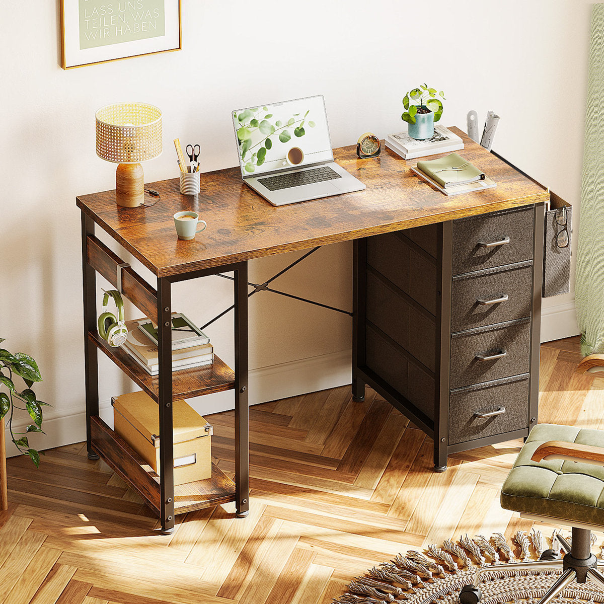 Home Office Desk with 4-Tier Fabric Drawers, Writing Table with Spacious Storage Shelves and Versatile Corner Hook,Black