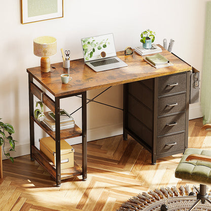 Home Office Desk with 4-Tier Fabric Drawers, Writing Table with Spacious Storage Shelves and Versatile Corner Hook,Black