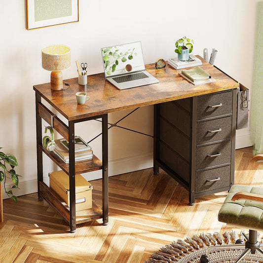 Home Office Desk with 4-Tier Fabric Drawers, Writing Table with Spacious Storage Shelves and Versatile Corner Hook,Black