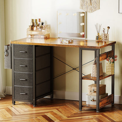 Home Office Desk with 4-Tier Fabric Drawers, Writing Table with Spacious Storage Shelves and Versatile Corner Hook,Black
