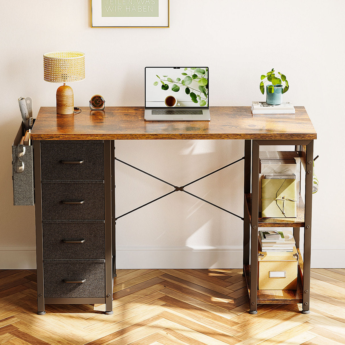 Home Office Desk with 4-Tier Fabric Drawers, Writing Table with Spacious Storage Shelves and Versatile Corner Hook,Black