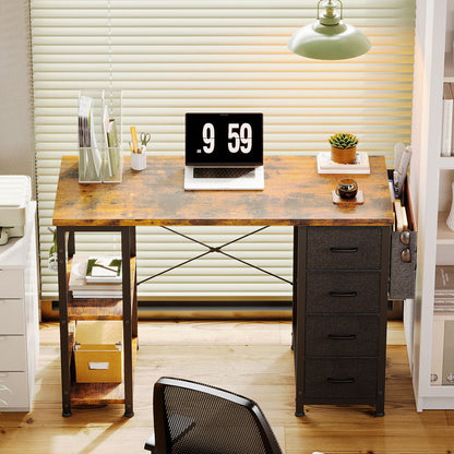 Home Office Desk with 4-Tier Fabric Drawers, Writing Table with Spacious Storage Shelves and Versatile Corner Hook,Black