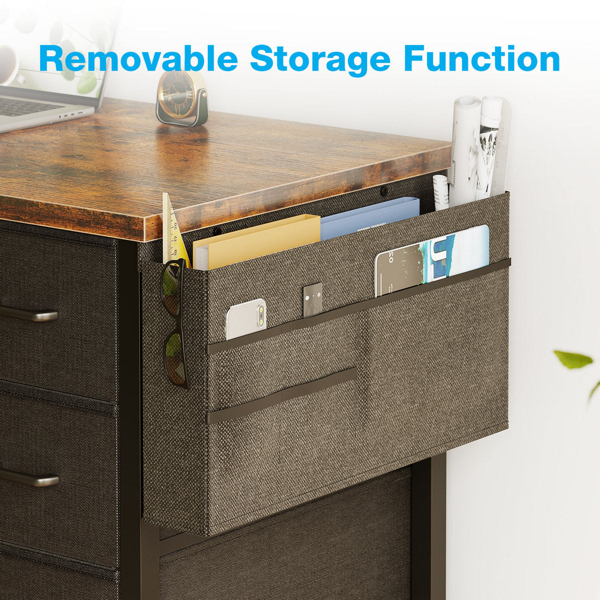 Home Office Desk with 4-Tier Fabric Drawers, Writing Table with Spacious Storage Shelves and Versatile Corner Hook,Black