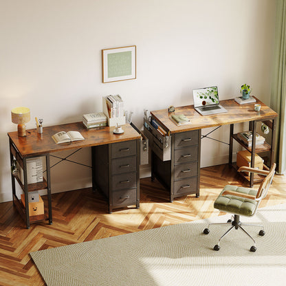 Home Office Desk with 4-Tier Fabric Drawers, Writing Table with Spacious Storage Shelves and Versatile Corner Hook,Black