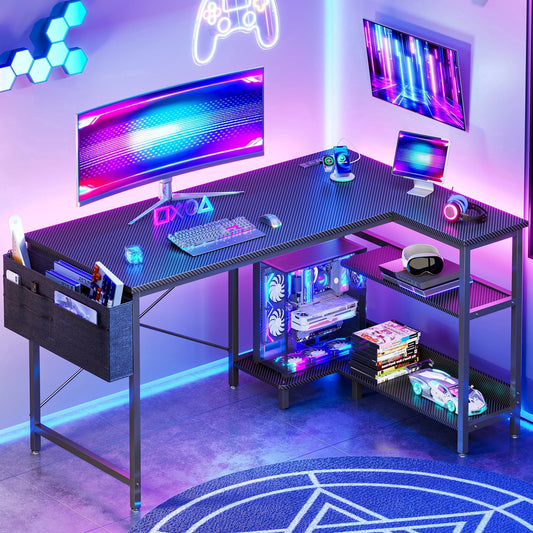 48 inch Large Office Desk with Storage Shelve, Gaming Table with Power Outletsfor Large Spaces, Black Carbon