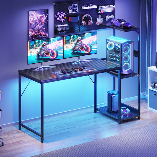 Casacomoda 54" Gaming Desk with LED Lights, Computer Desk with Shelf & PC Stand, Reversible Display Shelf, Carbon Fiber Black