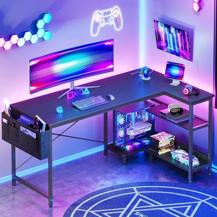 55 inch Large Office Desk with Storage Shelve, Gaming Table with Power Outlets for Large Spaces, Black Carbon