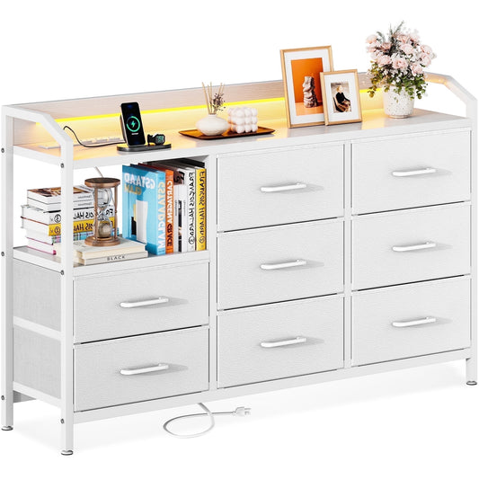 KKL Dresser with LED Lights and Charging Station, 44 inch Dresser for Bedoom with 8 Storage Drawers & Open Shelves, White