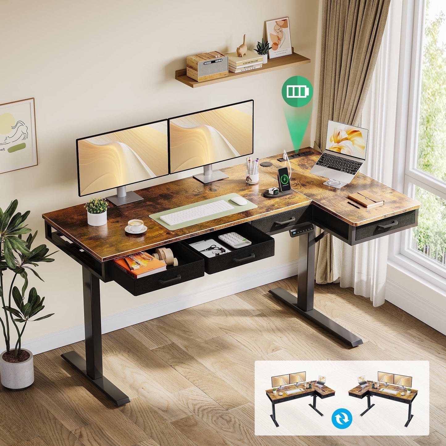 Electric Standing Desk with Drawers, 63 Inch Height Adjustable Desk with Power Outlets, Sit Stand Table, Writing Computer Desk for Home, Office, Workstation, Rustic Brown