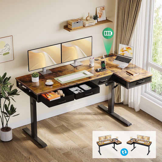 Electric Standing Desk with Drawers, 63 Inch Height Adjustable Desk with Power Outlets, Sit Stand Table, Writing Computer Desk for Home, Office, Workstation, Rustic Brown