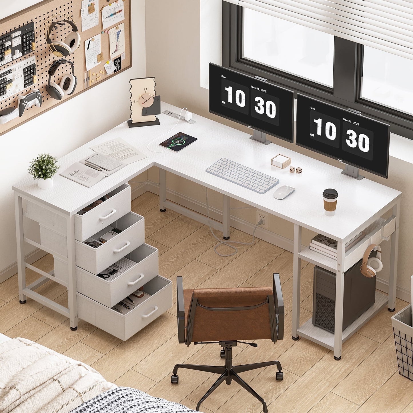 Reversible Modern Simple Style L Shaped Desk with Charging Station and Drawers, Pure White