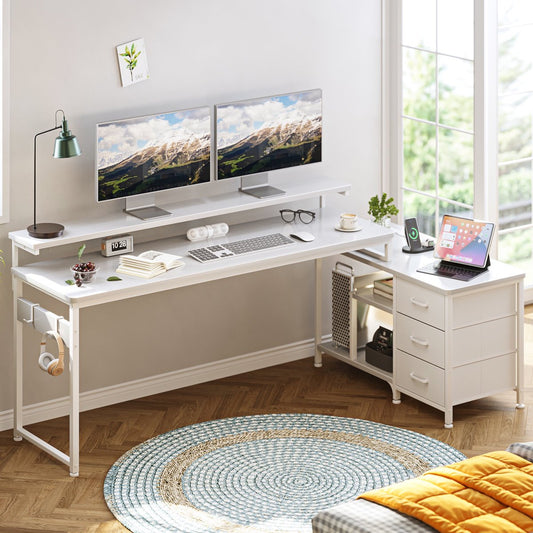 L-Shaped Desk with 3 Storage Drawers, Reversible Writing Desk with Flexible Frame, Computer Desk with Power Outlets, Monitor Stand, Iron Hook and Ladder Shelves,White