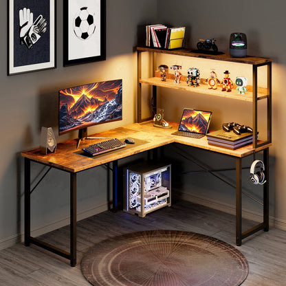 Casacomoda 43 Inch L Shaped Desk with LED Light & Power Outlet, Reversible L Shaped Computer Table with Shelf & Storage Bag & Hook for Home Office, Vintage