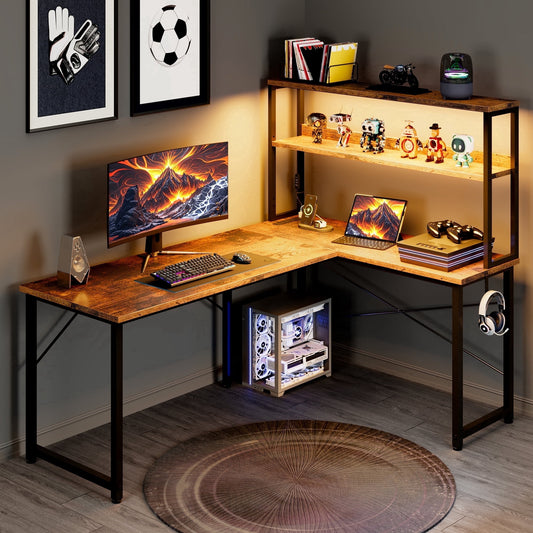 Casacomoda L Shaped Gaming desk, 53 Inch Computer Desk with Shelves, Reversible Display Shelf Gaming Desk with Led Light & Charging Station, Vintage
