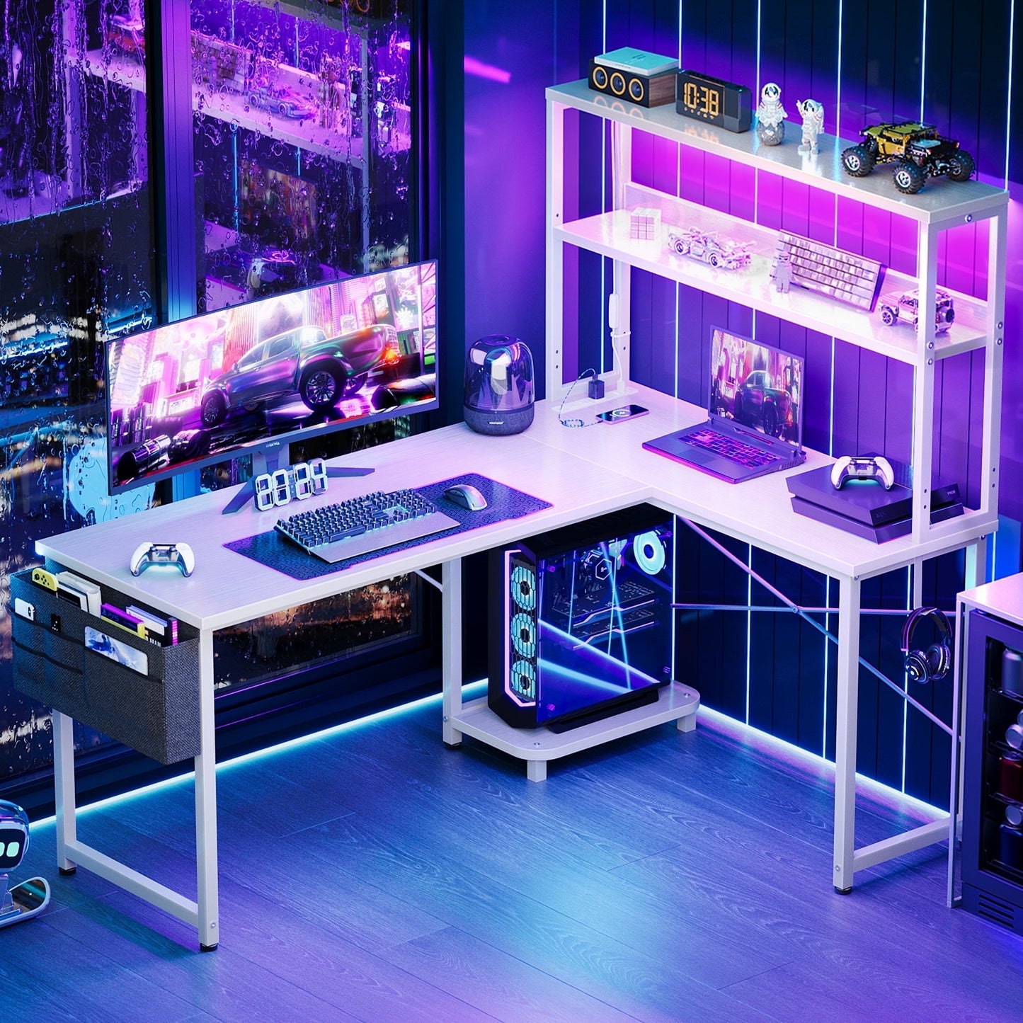 Casacomoda 53 Inch L Shaped Desk with LED Light & Power Outlet, Reversible L Shaped Computer Table with Shelf & Storage Bag & Hook for Home Office, White