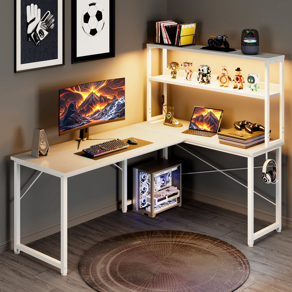 Casacomoda L Shaped Gaming desk, 53 Inch Computer Desk with Shelves, Reversible Display Shelf Gaming Desk with Led Light & Charging Station, White