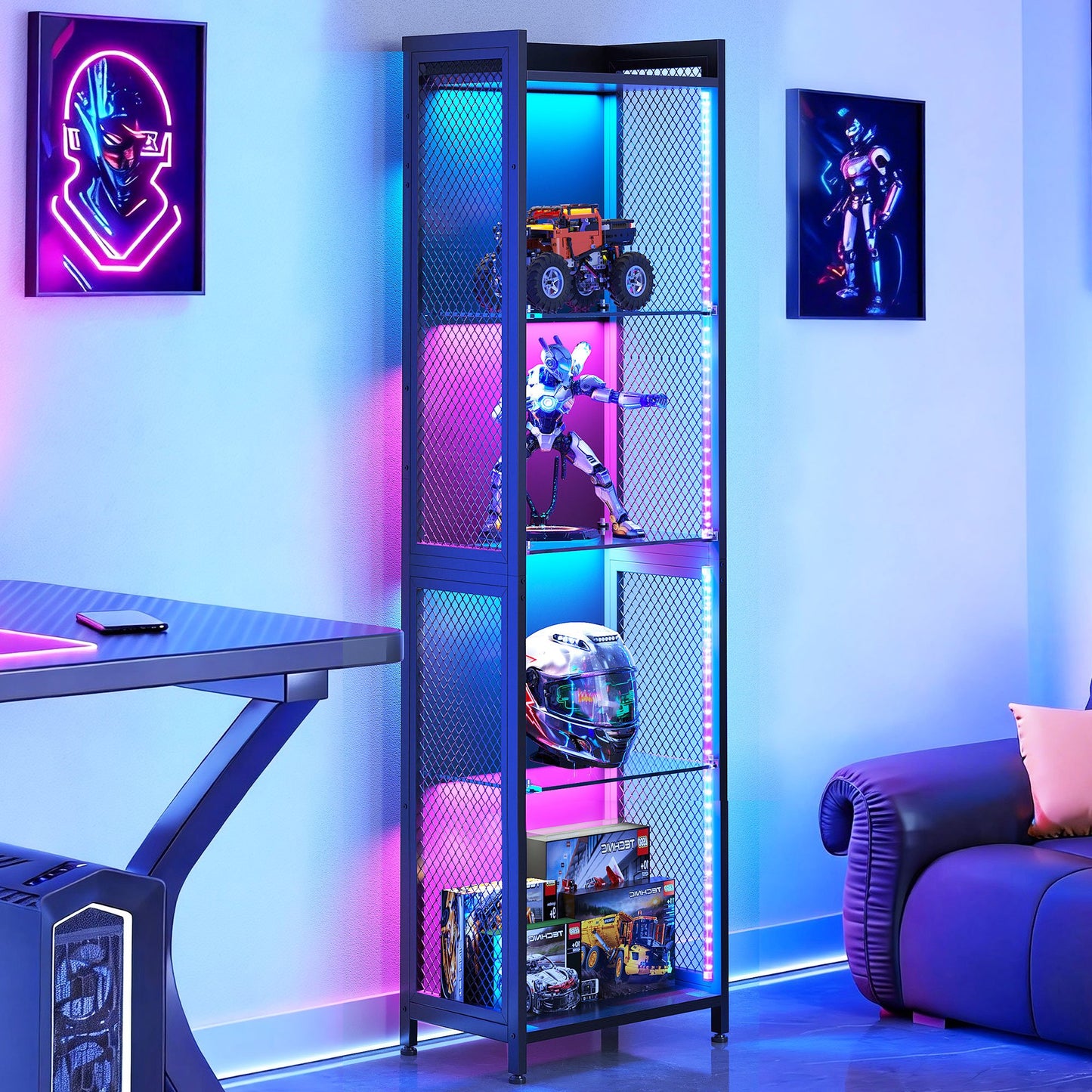 Casacomoda 4-Tier LED Display Cabinet, Gaming Glass Shelf Curio Cabinet with RGB Lights, Open Glass Corner Storage Shelf for Collectibles, Figures, Gaming Room & Living Room, Black