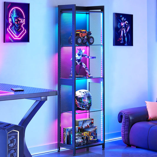 Casacomoda 4-Tier Display Cabinet with LED Lights, Open Glass Shelf Curio Cabinet with Metal Mesh, Corner Display Case for Collectibles, Gaming Room, Living Room