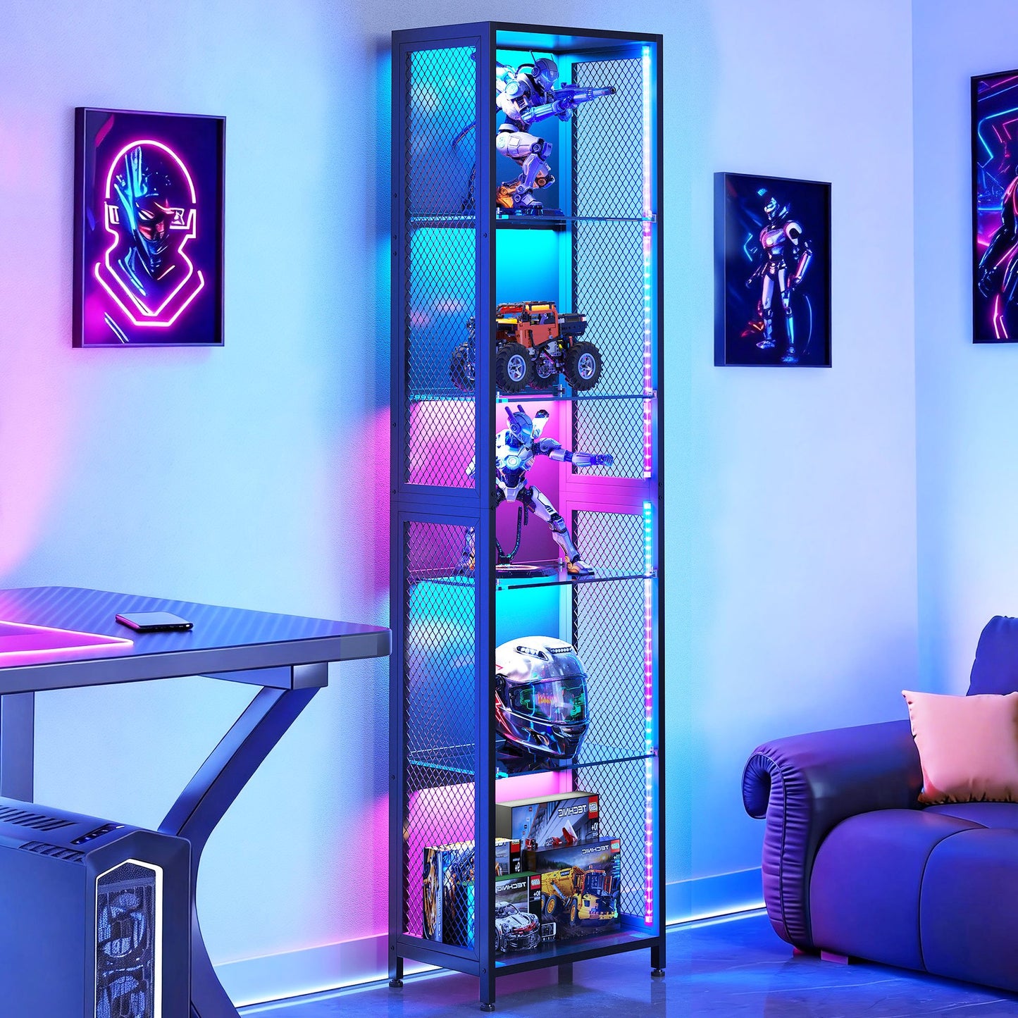 Casacomoda 5-Tier LED Display Cabinet, Gaming Glass Shelf Curio Cabinet with RGB Lights, Open Glass Corner Storage Shelf for Collectibles, Figures, Gaming Room & Living Room, Black