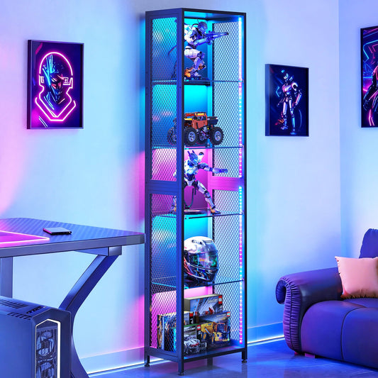 Casacomoda 5-Tier Display Cabinet with LED Lights, Open Glass Shelf Curio Cabinet with Metal Mesh, Corner Display Case for Collectibles, Gaming Room, Living Room