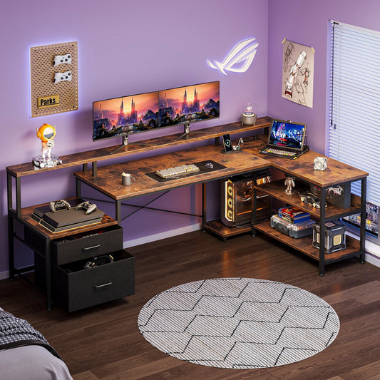Casacomoda 75 inch L Shaped Desk with Power Outlets,Gaming Desk with Monitor Shelf,Computer Desk with File Drawer,Home Office Desk with Printer Stand & Storage Shelves,Corner Desk,Vintage