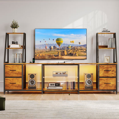 Casacomoda TV Stand for up to 65 Inch TV, 87" Entertainment Center with Power Outlets & LED Lights, Modern Media Console with Glass Shelf & 4 Fabric Drawers for Living Room Bedroom, Vintage