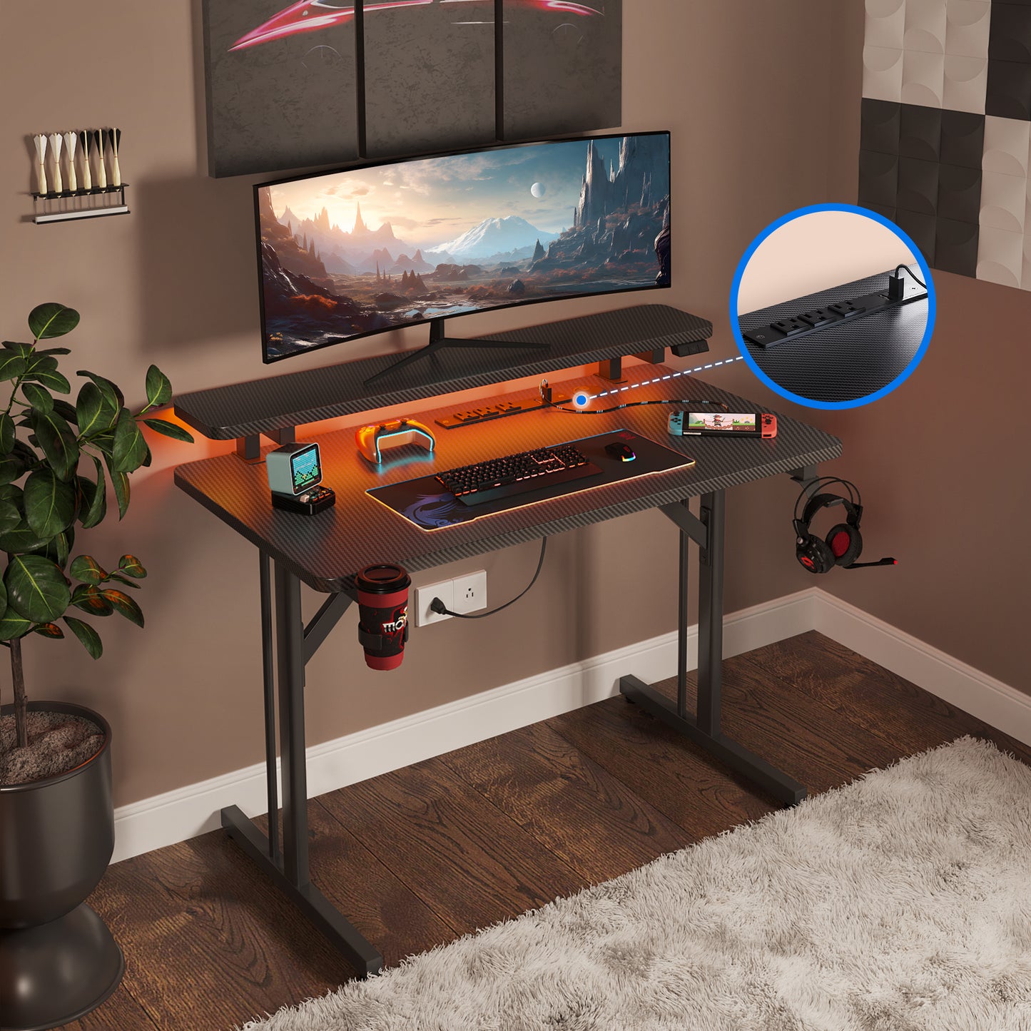 Gaming Desk 31 INCH, T- Shaped Carbon Fiber Surface Computer Desk with Full Desk Mouse Pad, Gamer Desk with Double Headphone Hook, USB Gaming Rack, Cup Holder, Black