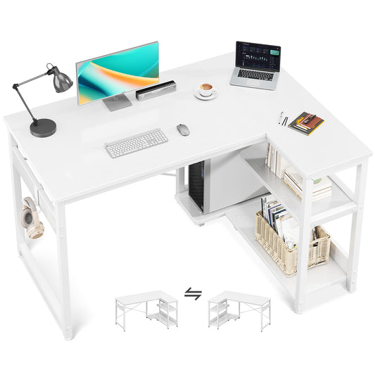 Casacomoda 40 Inch L Shaped Computer Desk with 3 Storage Shelves, Small Reversible Corner Desk for Small Space with Hock, Home Office L-Shaped Desk, White