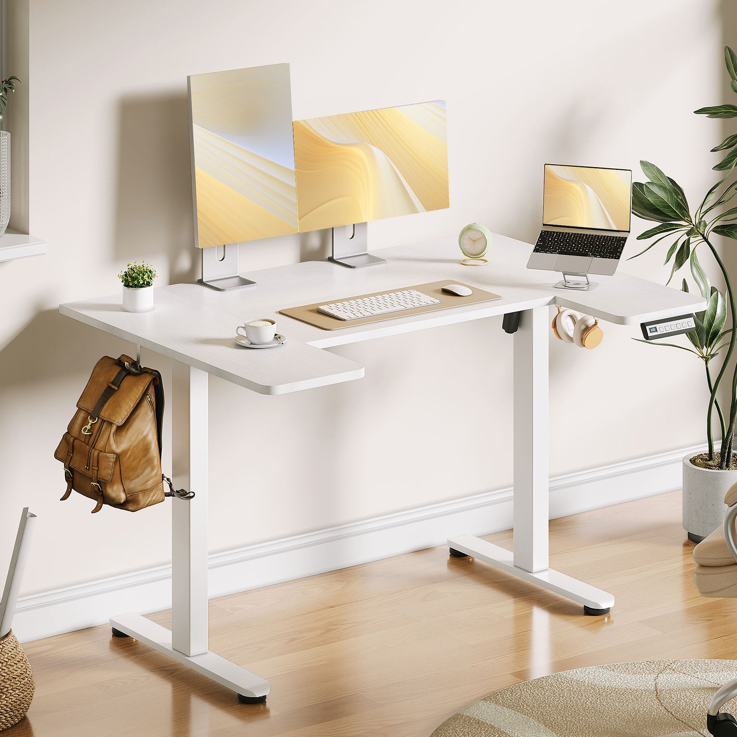 U-Shaped Electric Standing Desk, Height Adjustable Sit Stand Desk with 3 Memory Presets, Ergonomic Home Office Computer Desk with Hooks, Extra Large Workspace, White
