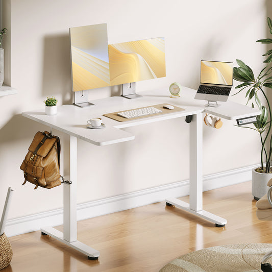 U-Shaped Electric Standing Desk, Height Adjustable Sit Stand Desk with 3 Memory Presets, Ergonomic Home Office Computer Desk with Hooks, Extra Large Workspace, White