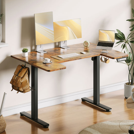 U-Shaped Electric Standing Desk, Height Adjustable Sit Stand Desk with 3 Memory Presets, Ergonomic Home Office Computer Desk with Hooks, Extra Large Workspace, Vintage