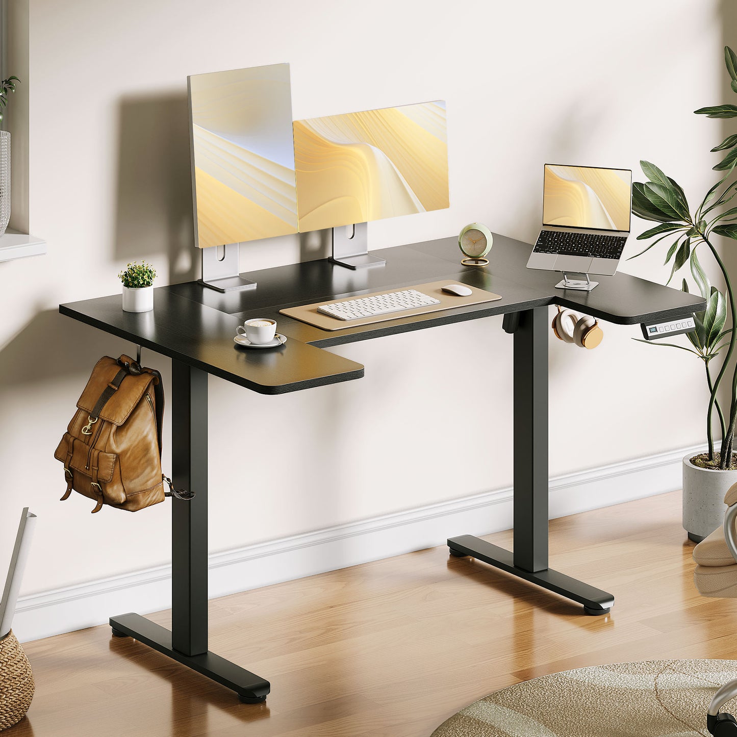 U-Shaped Electric Standing Desk, Height Adjustable Sit Stand Desk with 3 Memory Presets, Ergonomic Home Office Computer Desk with Hooks, Extra Large Workspace, Black