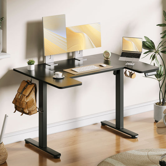 U-Shaped Electric Standing Desk, Height Adjustable Sit Stand Desk with 3 Memory Presets, Ergonomic Home Office Computer Desk with Hooks, Extra Large Workspace, Black