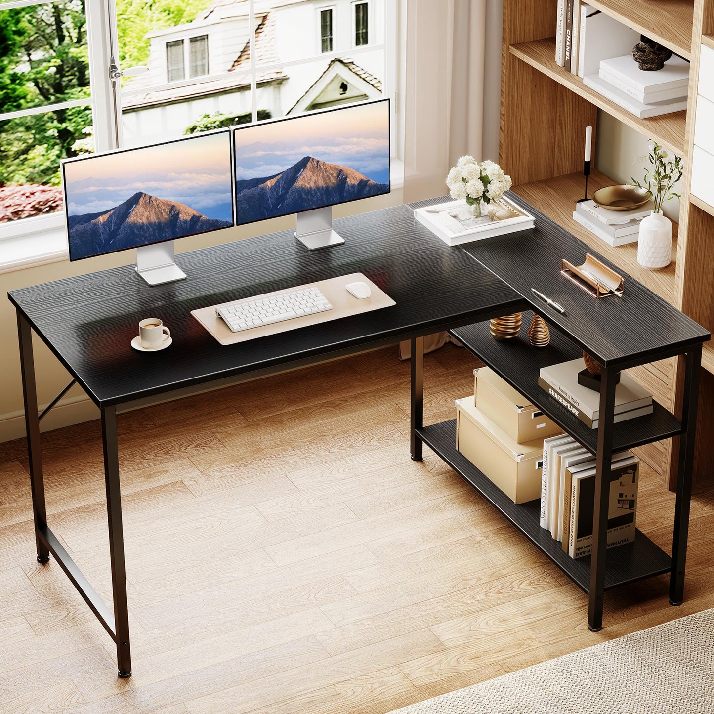 Casacomoda 48 Inch L Shaped Computer Desk with Reversible Storage Shelves, Corner Desk for Home Office and Study, Black